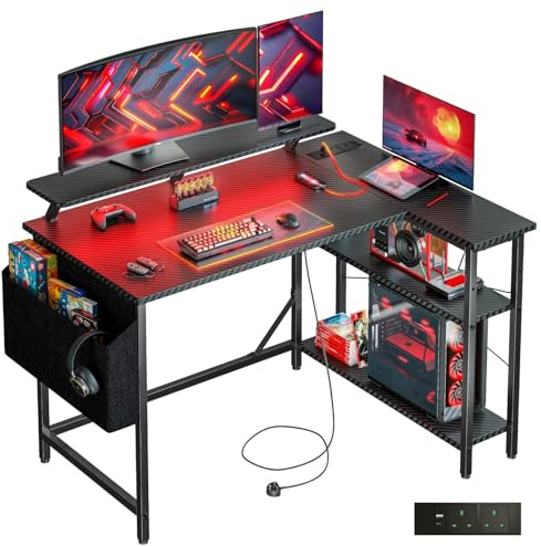 DOMSHOCT Escritorio para juegos en forma de L con luces LED y tomas de corriente, mesa pequeña de esquina para computadora de 100 x 80 cm con bolsa de almacenamiento, estantes ajustables y soporte