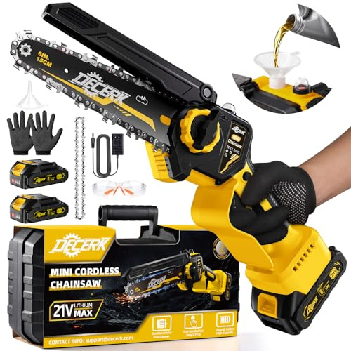 Decerk Mini Chainsaw Cordless 6 Inch, Powerful Brushless Electric Mini Chain Saw with Automatic Oiler & Tool-Free Chains for Wood Cutting Tree Trimming Branch Cutter [Two High-Capacity Batteries]