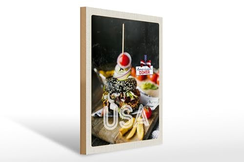 Femer Cartel de madera de viaje 30 x 40 cm America Hamburguesa Fast Food Platos