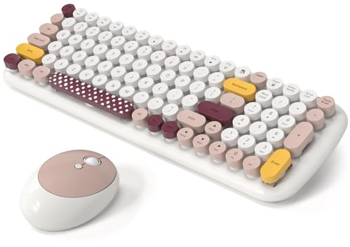 MOWUX - Combo de Teclado y Mouse inalámbricos, diseño Compacto Moderno, Mouse Compacto Colorido y Teclado Redondo Retro con Funda, para PC/portátil/Windows/Mac - Color Blanco Roto