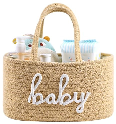 ZOMBATI Baby Diaper Caddy Organizer, Nursery Storage Bin Basket for Baby Shower and Baby Wipes- Cotton Rope Portable Diaper Bag for Changing Table, Newborn Essentials Gift-Tan
