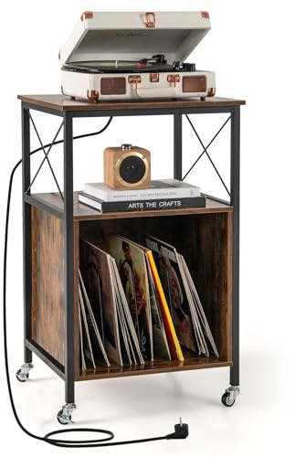 COSTWAY Mobile per Giradischi e Vinili con Ruote e Stazione di Ricarica | Tavolo Espositore in Legno per Dischi in Vinile Vintage, per Soggiorno e Camera da Letto, 50 x 45 x 82 cm