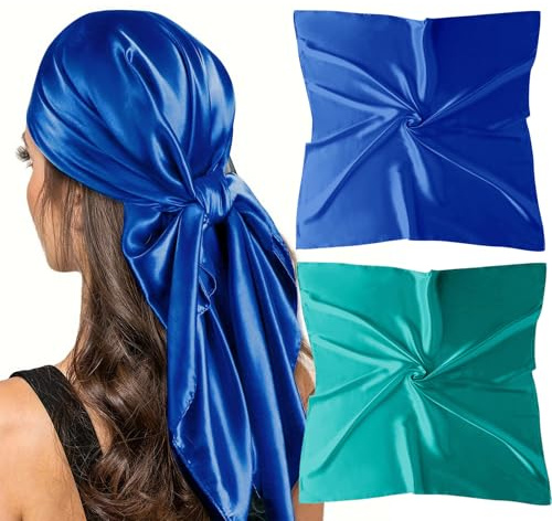 vimate huvudduk för kvinnor 76 cm fyrkantig sidenkänsla satin scarf för hår wrapping och sömn på natten., 2-pack kungsblå + teal, 35'' X 35'' (90x90cm)