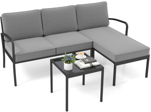 COSTWAY Gartenlounge 3-teilig, Gartenmöbel Set, Outdoor Lounge mit Tisch und Kissen, Terrassenmöbel, Sitzgarnitur, Sitzgruppe für Garten, Terrasse, Balkon