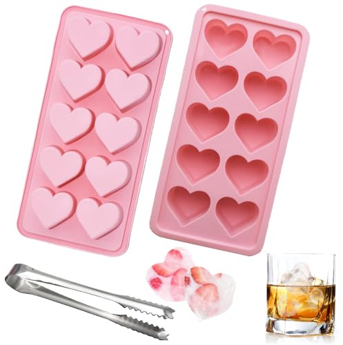 PXBSNB 2 PCS Heart Ice Cube Tray, 10 Cavity Silicone Heart Moulds, BPA Free Hearts Shaped Silicone Moulds with Ice Tongs, Reusable Hearts Ice Cube Tray for Chocolate Confectionery Jellies Soaps