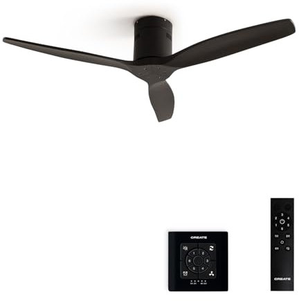 CREATE / WINDCALM NATURAL WOOD M/Deckenventilator Schwarz mit Wandschalter und Fernbedienung / 40W, Timer, Ø132 cm, 6 Geschwindigkeiten, Sommer-Winterbetrieb
