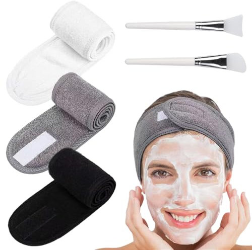 CATOR Juego de 2 pinceles para mascarillas, 3 Pcs para cosméticos cinta de pelo con velcro, diadema maquillaje, diadema skincare, diadema mujer, reutilizables, para tratamientos faciales faciales