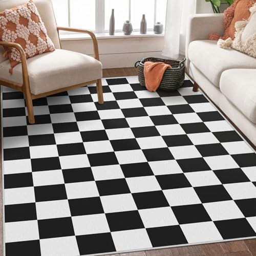 SOANNY Tapis Salon 140x200 cm, à Poils Courts, Super Doux, Lavable, antidérapant, Motif échiquier, pour Salon, Chambre, Bureau, Noir-Blanc