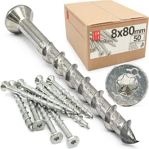 50 stk. Set Schrauben für Porenbeton 8x80 mm aus Stahl verzinkt mit Senkkopf und TX-Antrieb für Ytong, Beton, Gips, Gasbeton, Innen- und Außenbereich