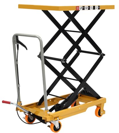 770 LBS Capacity Hydraulic Scissor Lift Table, 50 Lifting Height Single Scissor Lift Tables with Wide Deck and Bracket Handle, Hydraulic Table Cart for Material Handling & Transportation