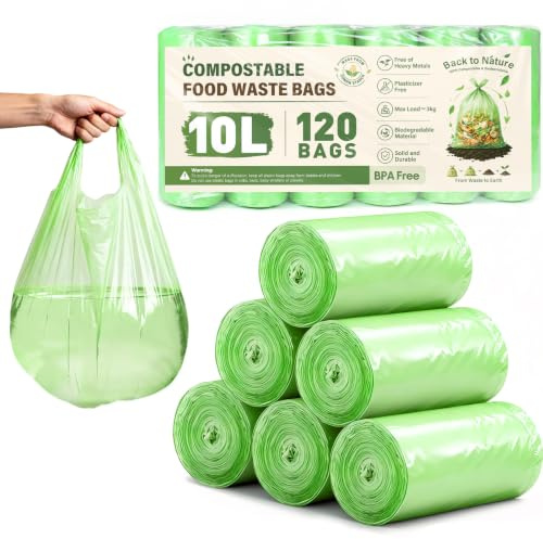 XHDA 10L Compostable Food Waste Bags, 120 Pcs Biodegradable Bin Liners | 6 Rolls, Biodegradable Corn Material, Tie Handle Design, Green Clear Liners, for Kitchen, Office and Food Waste