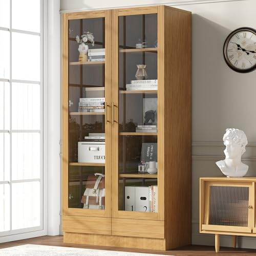Merax Glasvitrine Bücherregal 160cm hoch, doppeltürige Vitrinenschrank mit Mehrere Fächern, 2 Schubladen, Moderner Sammlervitrine Büroschrank Hochschränk für Wohnzimmer/Arbeitszimmer/Büro, Holzfarbe