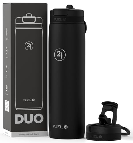 Fuel24 Duo - Stainless Steel Water Bottle 700ml or 1L - Vacuum Insulated Metal Flask with Straw (Dual use Lid) 1 Litre - for Sports, Gym, Work – Slim Design (Carbon, 700 ml)