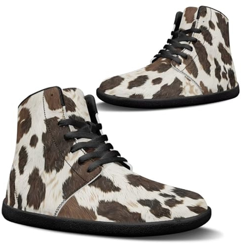 Binienty Herren Barfuß-Sneaker, hohe Oberseite, PU, extra breit, rutschfest, für Laufen, Cross-Training, ohne Polsterung, Brauner Kuhfell-Druck, 47 EU