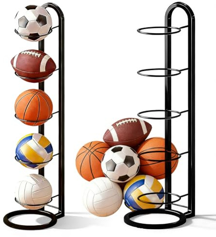Soporte para pelotas de fútbol, baloncesto y más – Soporte de bola de metal de 5 niveles con base redonda para máxima estabilidad, color negro, ahorro de espacio para habitaciones, garajes