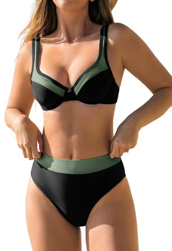 CUPSHE Maillot de bain bikini taille haute avec armatures et bretelles larges réglables avec fermeture à crochet