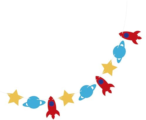 WOFASHPURET Banderín de Cumpleaños para Bebés 1 Pieza, Guirnalda Colgante Estrellas y Cohete de Fieltro, Decoración Temática de Espacio para Fiesta Infantil y Habitación Infantil