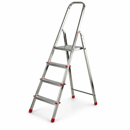 Scala Alluminio 4 Gradini - PIATTAFORMA ANTISCIVOLO - Conforme EN131 - Portata 150kg - Scala Pieghevole con Pedana in Acciaio e Blocco Sicurezza Antiapertura - Per Lavori Domestici e Fai da Te.