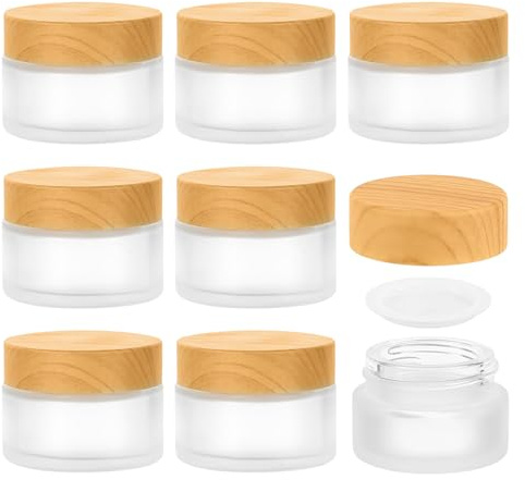Pot de Crème Vide en Verre,ESYFOR 8 Pièces 30ml Pot Vide en Verre Rechargeable Pot en Verre Dépoli avec Couvercle Grain Bois & Bouchon Intérieur pour Cosmétiques Crèmes Lotion