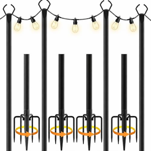 Lot de 4 Poteaux pour Guirlande Lumineuse Extérieur 3 m/10 ft, Mâts en Métal Noir 2 en 1 avec Piquet 5 Dents et Fixation Clôture, Supports pour Jardin, Terrasse, Mariage, Fête