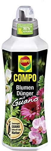 COMPO Blumendünger mit Guano für alle Zimmerpflanzen, Balkonpflanzen und Terrassenpflanzen, Spezial-Flüssigdünger, 1 L