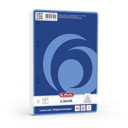 herlitz Ringbucheinlagen A5 liniert ohne Rand, 50 Blatt, 70 g/m² Papier, runde Ecken, gelocht, 1 Stück