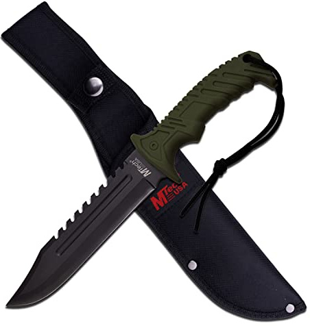 MTech USA – Fixed Blade Knife – Black Stainless Steel Blade with Green Rubber Coated Nylon Fiber Handle, Includes 1680D Nylon Sheath - Hunting, Camping, Survival, EDC – MT-20-57GN