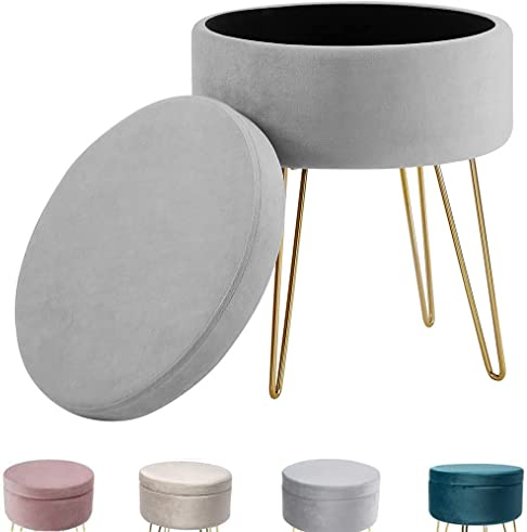 Zedelmaier Schminkhocker samt mit Stauraum Schminktisch Hocker rund fußhocker Pouf fusshocker Polsterhocker für Wohnzimmer Schlafzimmer mit Metallbeinen (Grau)