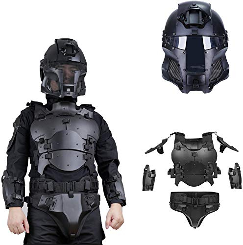 WLXW Paintball-Helm und Rüstungsset, Taktischer Mittelalterlicher Kriegerhelm und Multifunktionale Verstellbare MOLLE-Weste, CS-Luftgewehr-Schießschutz,Schwarz