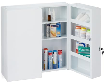 Relaxdays Armadietto Porta Medicinali XXL, 2 Ante, per Medicine, 11 Scomparti, Richiudibile, 53 x 52,5 x 19,5 cm, Bianco