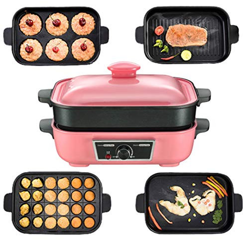 XMZFQ 5 in 1 Multifuction Electric BBQ/Hot Pot/Takoyaki/Frying Pan/Dorayaki Machine, Korean Barbecue Grill, Non-Stick Coating Multi Plate 5-Piece Set,Pink