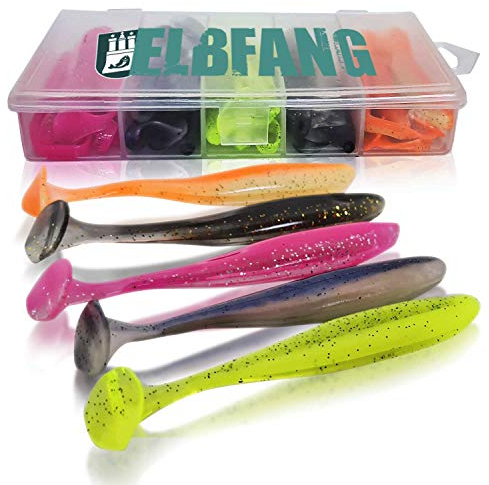 elbfang© 20 Teile Gummifisch Set zum Zander-Angeln | +20 Snap Wirbel | Inkl. Kunstköder-Box