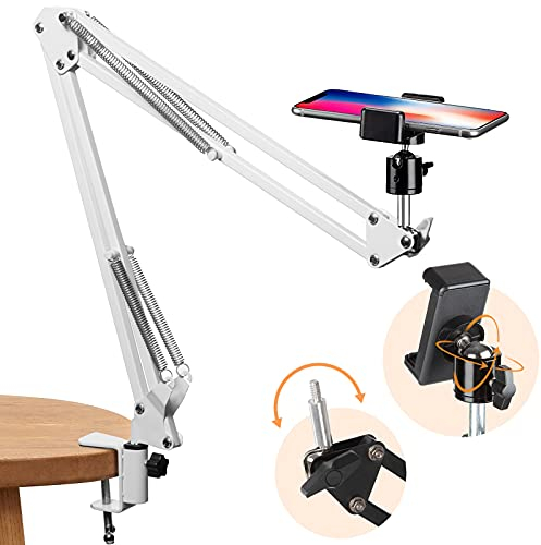 TARION Overhead Tripod Mount Articulating Phone Holder Video Webcam Stand Lazy Arm Clamp Table Desktop Suspension Scissor Arm Stand (White)