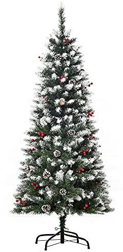 HOMCOM Albero di Natale Innevato Artificiale 150cm con Bacche Rosse e Pigne Bianche, Base Rimovibile Pieghevole, 408 Rami