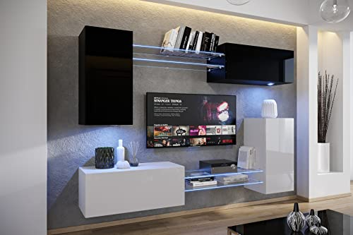 Furnitech Wohnwand Wohnzimmer | Wohnzimmer Möbel mit LED RGB - 16 Farben | Hängend Wohnwand Modern | Wohnzimmer Schrankwand mit Regale und TV Schrank (AN57N-21BW-HG3-1A)