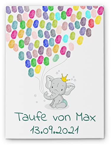 CHRISCK design Leinwand Fingerabdruck Taufe Geburt Geburtstag Babyparty - Fingerabdrücke Gästebuch mit Elefant & Ballons - Mit Namen & Wunschtext - tolle sFingerprint für Gäste Mädchen Jungen