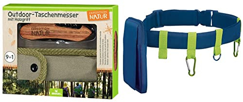 moses. 9820 Unisex Jugend Outdoor-Taschenmesser, Schwarz-Braun, handlich & Moses Expedition Natur Gürtel | Gurt mit Gürteltasche und Karabinern | Für Camping und Outdoor-Sport, Blau, Uni