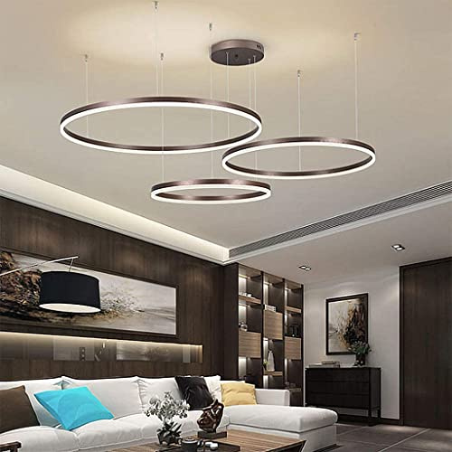 Pendelleuchte LED Esstisch Lampe Mit Fernbedienung Hängeleuchte Dimmbar Höhenverstellbar Kronleuchter Wohnzimmer Pendellampe Metall Ring Acryl Deckenleuchte Esszimmer Hängelampe Küchen,Braun,3 rings