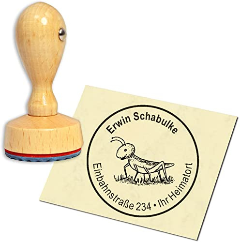 Stempel Adressstempel Holzstempel - niedlicher Grashüpfer - rund ∅ 40mm personalisiert als Firmenstempel Namensstempel Bürostempel