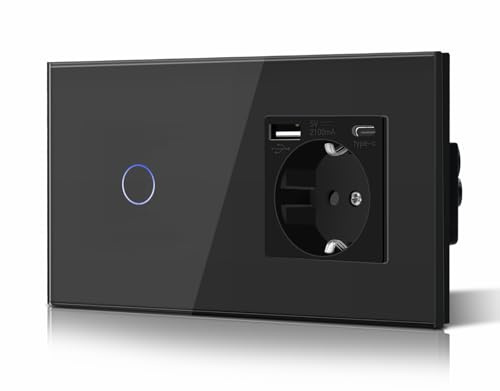BSEED Interruptor táctil y enchufe pared,Toma de corriente con USB C,Panel de Vidrio con pulsador LED,Sin Función Wifi,1 Gang 2 Vía+1 Enchufe USB/Tipo C,157mm Negro