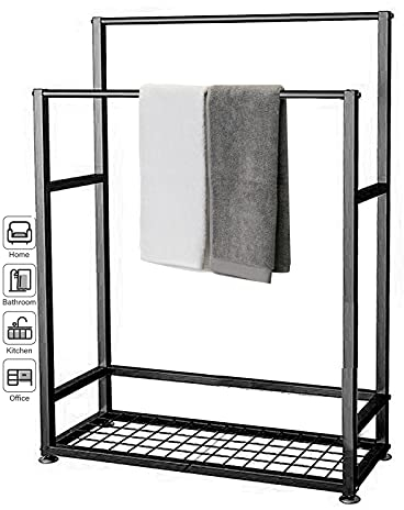 KLZUOPT Exquisite Badezimmerregale, Handtuchhalter, Stehend für Badezimmer, Metall-Handtuchständer mit Ablage, Handtuchtrockner für Außenpool, strapazierfähiges Badzubehör/Schwarz/70X23X100Cm