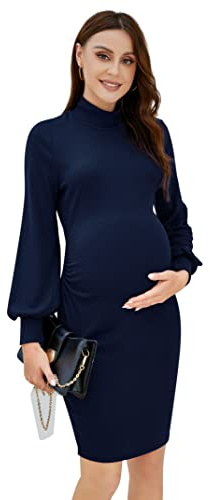 KOJOOIN Señoras Vestido de Maternidad Embarazo Manga Larga Vestidos de Maternidad Cuello Tortuga Vestidos de Maternidad con Fruncidos Laterales Azul Oscuro L