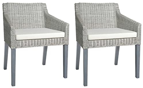 vidaXL Esszimmerstühle mit Kissen 2 STK., Esszimmerstuhl mit geraden Armlehnen, Rattanstuhl Stuhl für Esszimmer Küche, Küchenstuhl Essstuhl Sessel, Grau Natur Rattan