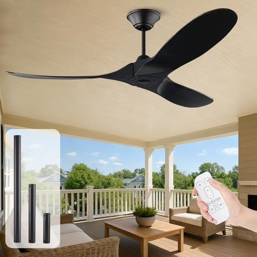 152cm Deckenventilator Mit Fernbedienung Ohne Licht, Schwarz Deckenventilator Outdoor Holz, Deckenventilator Ohne Beleuchtung, für Terrasse Pavillon Schlafzimmer, Geräuscharmer Reversibler DC-Motor