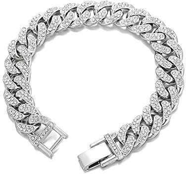 FuninCrea Titanium Steel Cuban Link Bracelet for Men Women, 13mm Retro Vintage Hip Hop Silver High Polished Cubic Zirconia Miami Chain (18 cm)