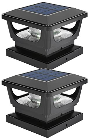 Sumaote Solar Post Lights, 6000K Cold White Solar Post Cap Light Fits 4 x 4 Wood, 3x3 & 4x4 PCV/Vinyl Fence Lights Outdoor Deck Light for Garden Yard Railing, IP65 Waterproof, Black Shell, 2 Pack