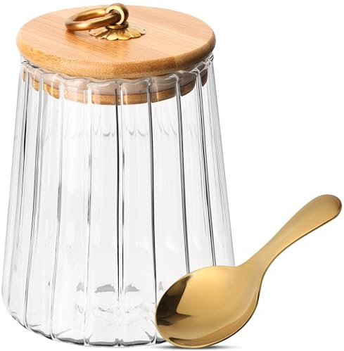 Belle Vous Bote Cristal con Tapa - Tarro Cristal con Tapa 650ml - Bote Cristal Hermetico de Vidrio de Borosilicato Acanalado - Incluye Cuchara - Para Té Cafe Pasta Cereales Azucar