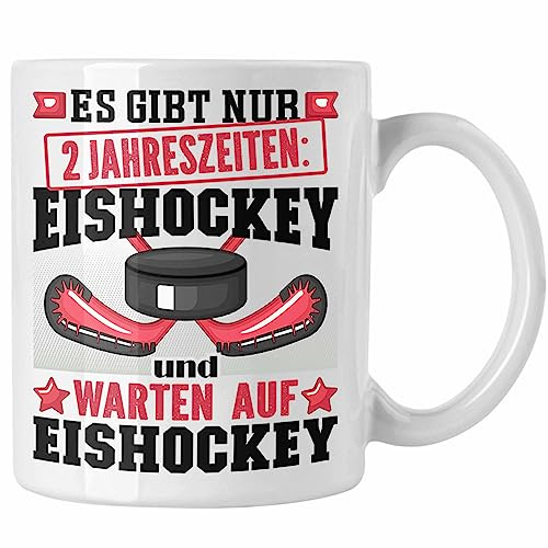 Trendation - Eishockey Tasse Geschenk für Eishockey-Spieler Geschenkidee 2 Jahreszeiten (Weiß)