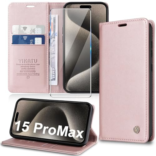 Migexxkj Handyhülle für iPhone 15 Pro Max Hülle [mit Schutzfolie][Premium PU Leder] Klapphülle Kartenfach Magnetic Ständer Flip Case Cover Etui Tasche Schutzhülle für iPhone 15 Pro Max 6.7“