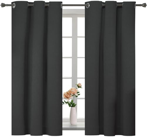 YSTELLAA Tende 100% Oscuranti Per Interni 2 Pezzi, 117×137cm, Effetto Lino, Tende Termiche, Con Anelli, Tenda Termica Isolante Freddo E Caldo, Fonoassorbenti, Moderne, Nero